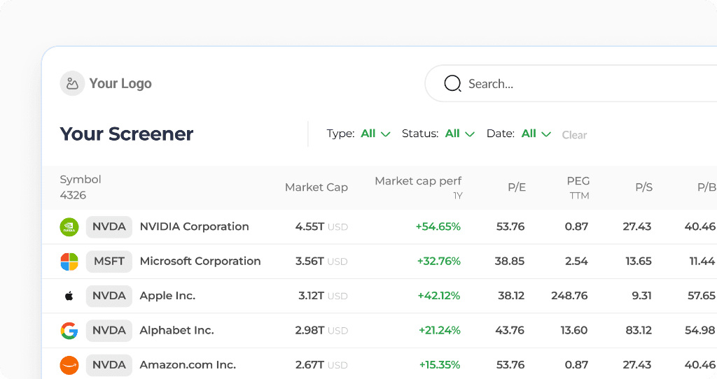 Your Screener stock comparison table mockup showing Nvidia, Microsoft, Apple